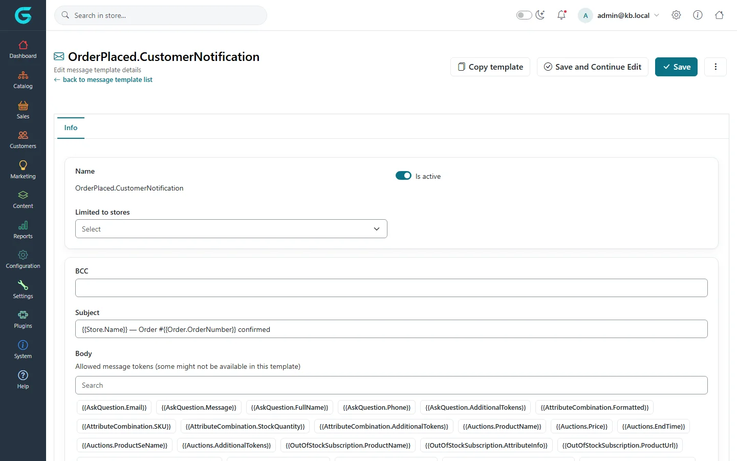 Editing OrderPlaced.CustomerNotification: is active, stores, BCC, subject with order number token, and the list of allowed tokens above the body
