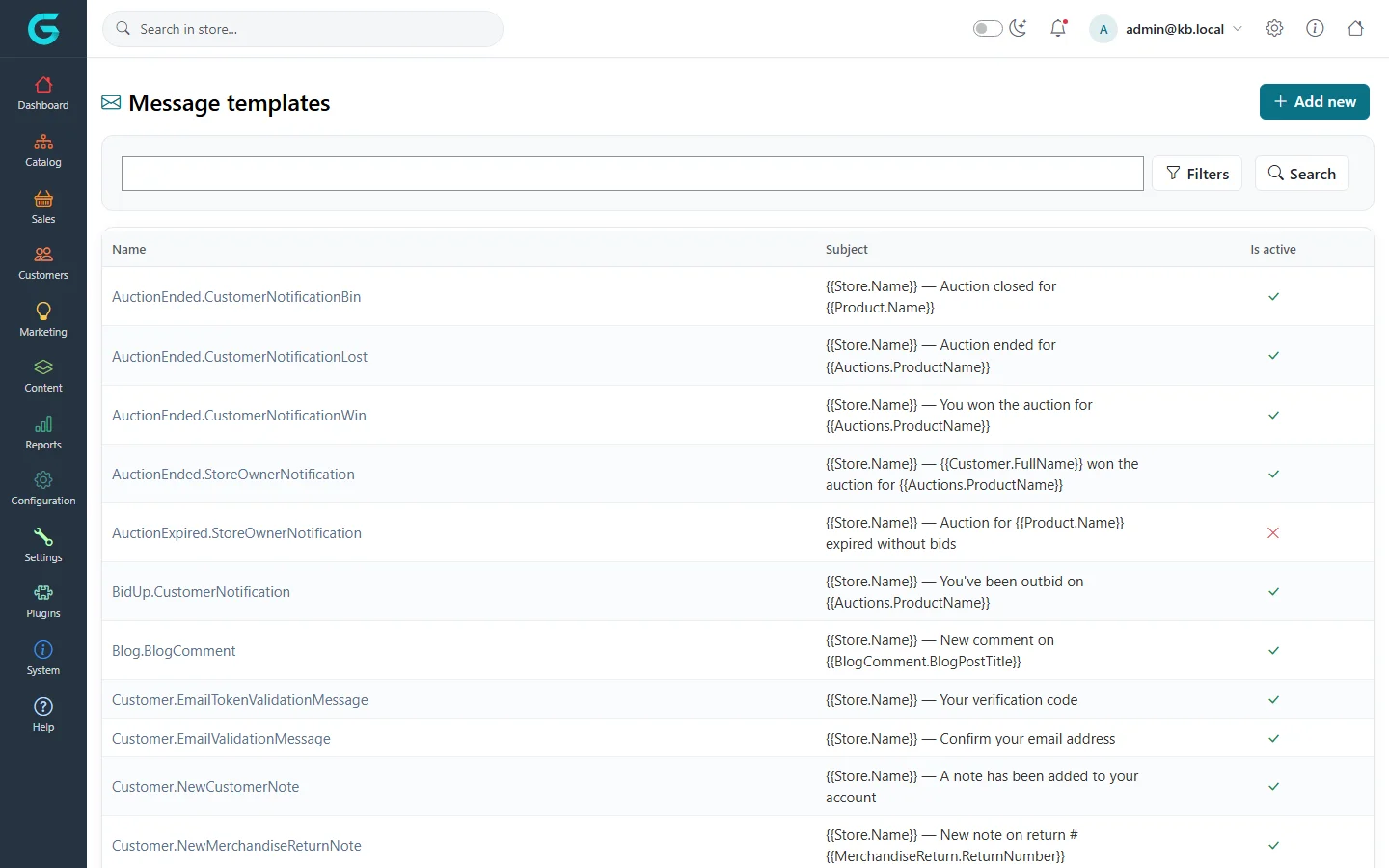 The Message templates list with names such as AuctionEnded.CustomerNotificationWin and Customer.EmailValidationMessage, their subjects and active flags