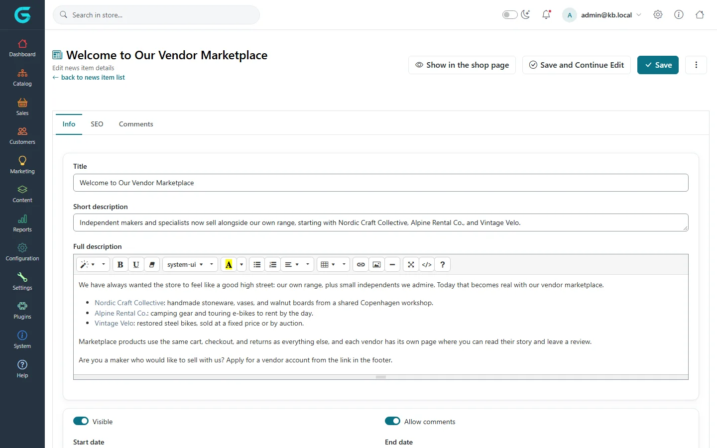 Editing the news item Welcome to Our Vendor Marketplace with title, short description, full description editor, visible and allow comments switches and dates