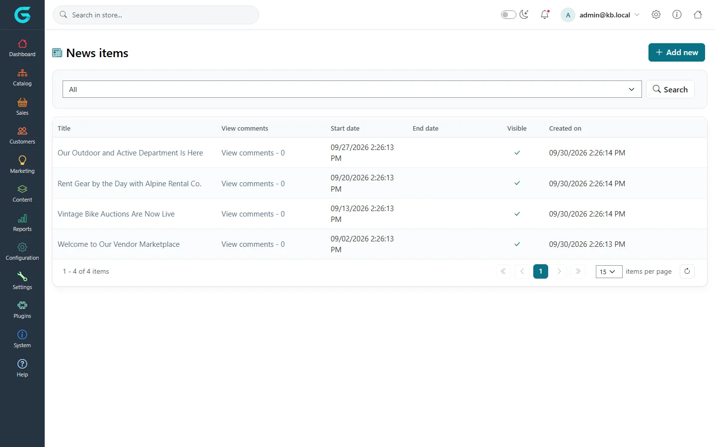 The News items list with four items such as Welcome to Our Vendor Marketplace, their comments, dates and visibility