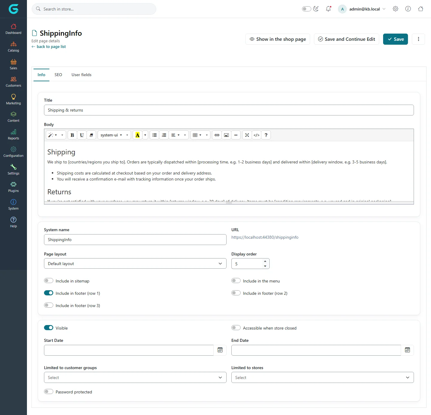 Editing the ShippingInfo landing page: title and body in the HTML editor, system name, URL, page layout, display order, sitemap, menu and footer switches, visibility, dates, customer groups, stores and password
