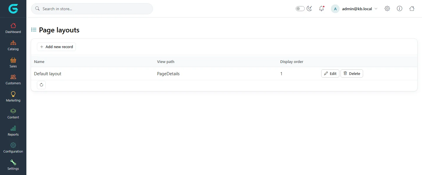 The Page layouts list with the single Default layout whose view path is PageDetails