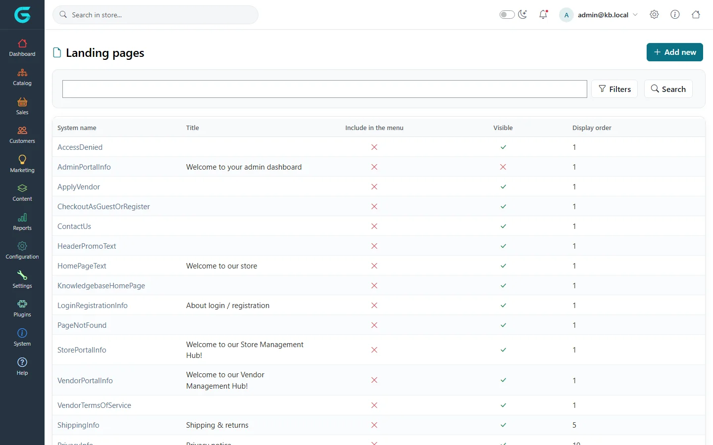 The Landing pages list in the admin panel with system names such as AboutUs, ContactUs, HomePageText and ShippingInfo