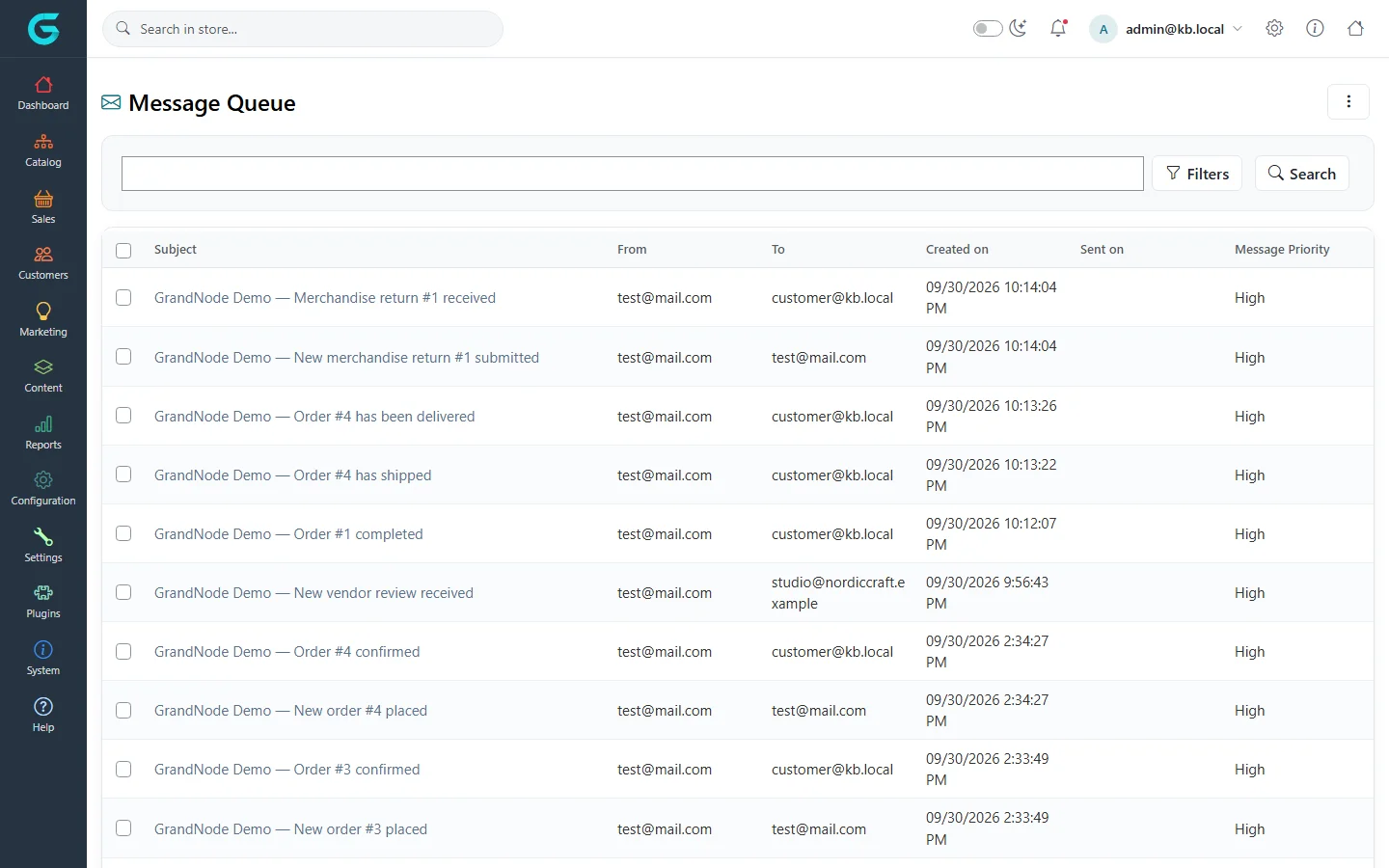 The message queue with order and shipment e-mails, their recipients and sent dates