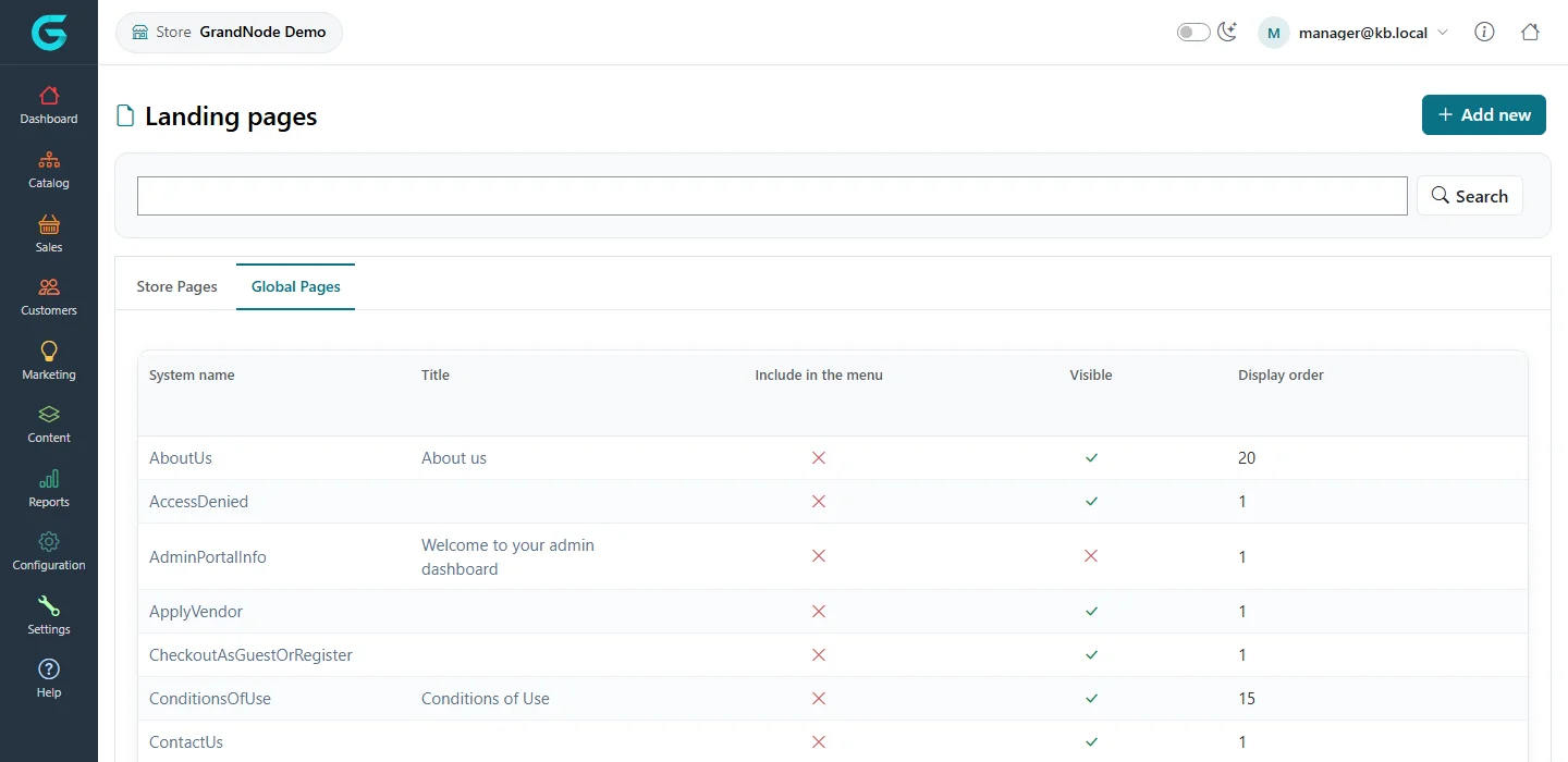 The Landing pages list in the store manager panel with the Store Pages and Global Pages tabs