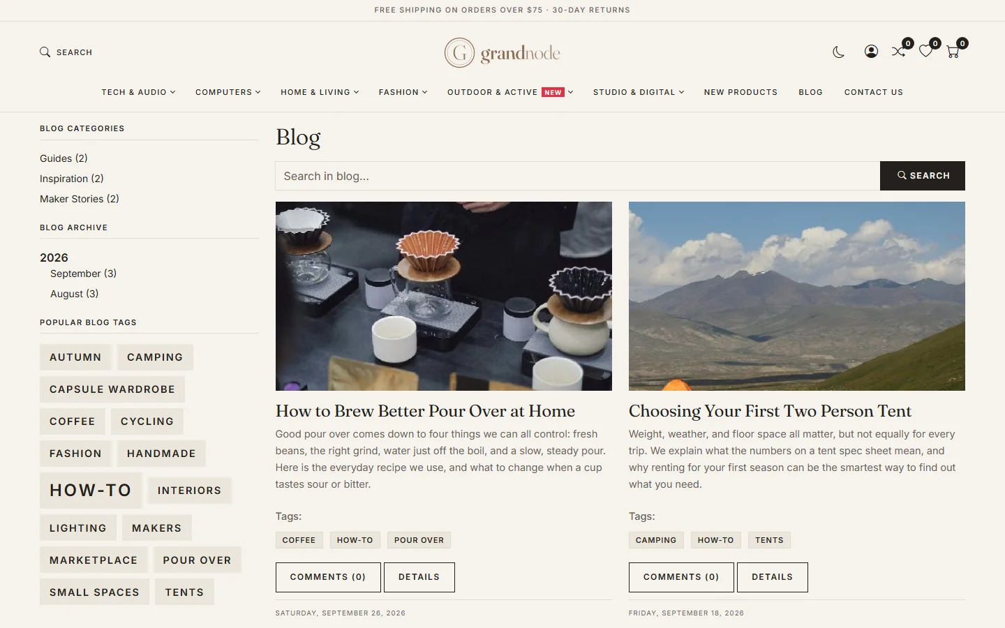 The storefront blog with a search box, categories, archive and tags in the sidebar and post cards with pictures, tags and a Details button