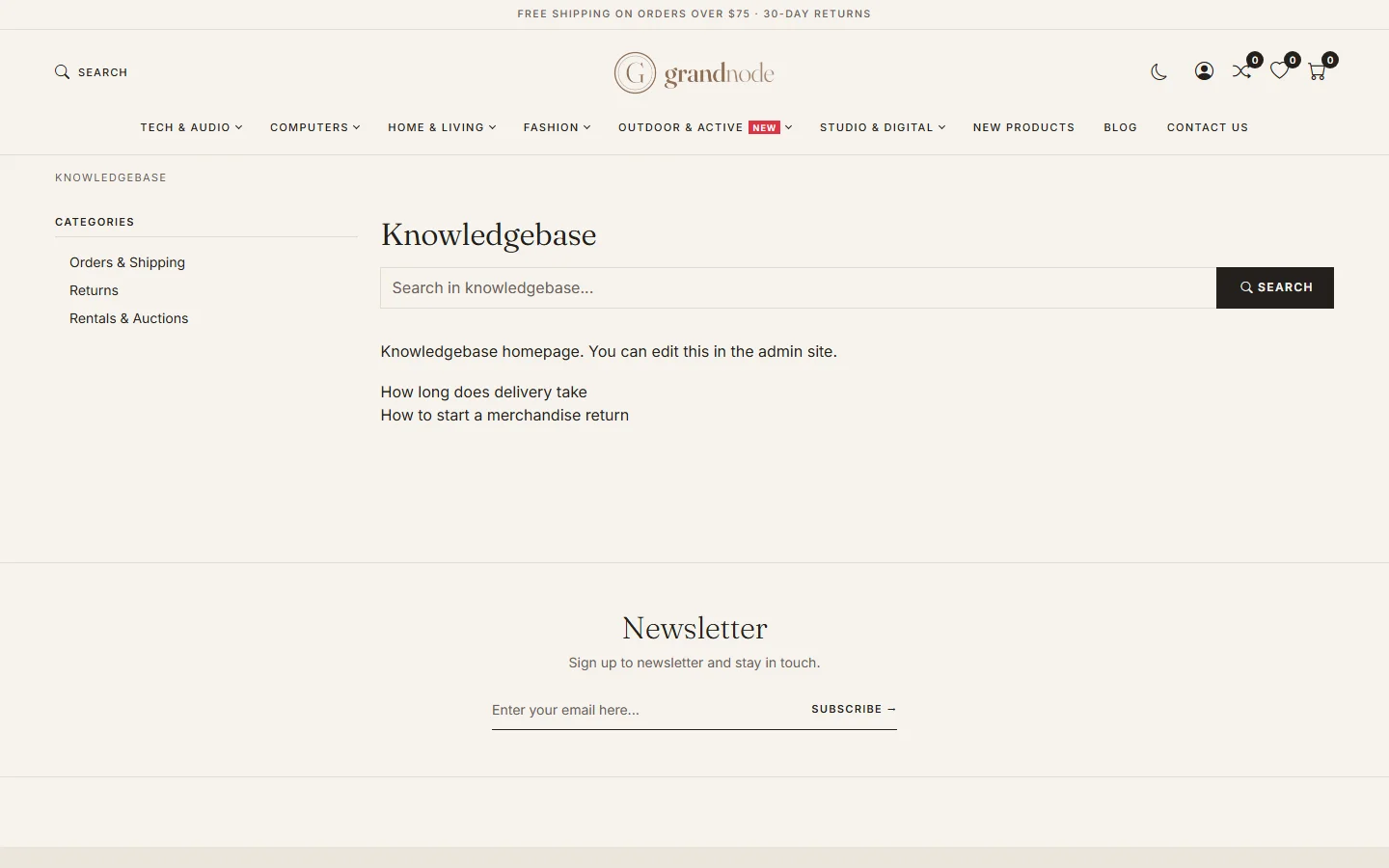 The storefront Knowledgebase page with categories in the sidebar, a search box and homepage articles