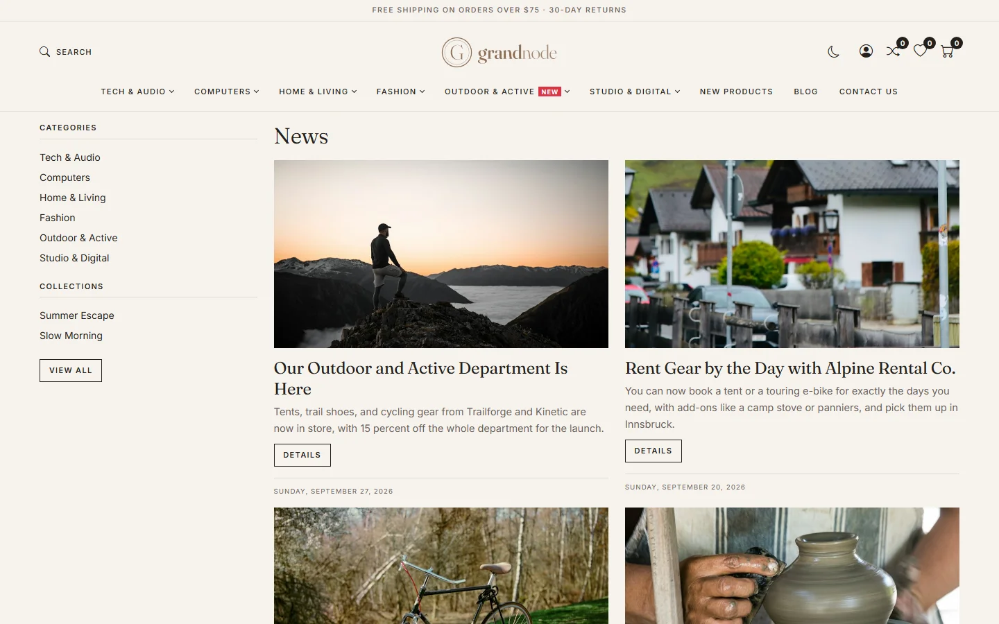 The storefront News page with news cards, pictures, dates and Details buttons
