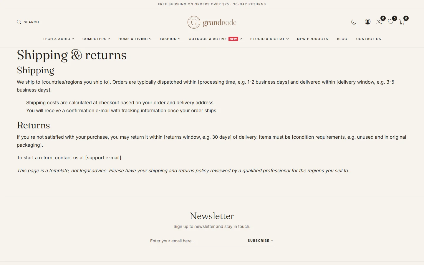 The Shipping and returns page on the storefront, rendered by the Nordic theme