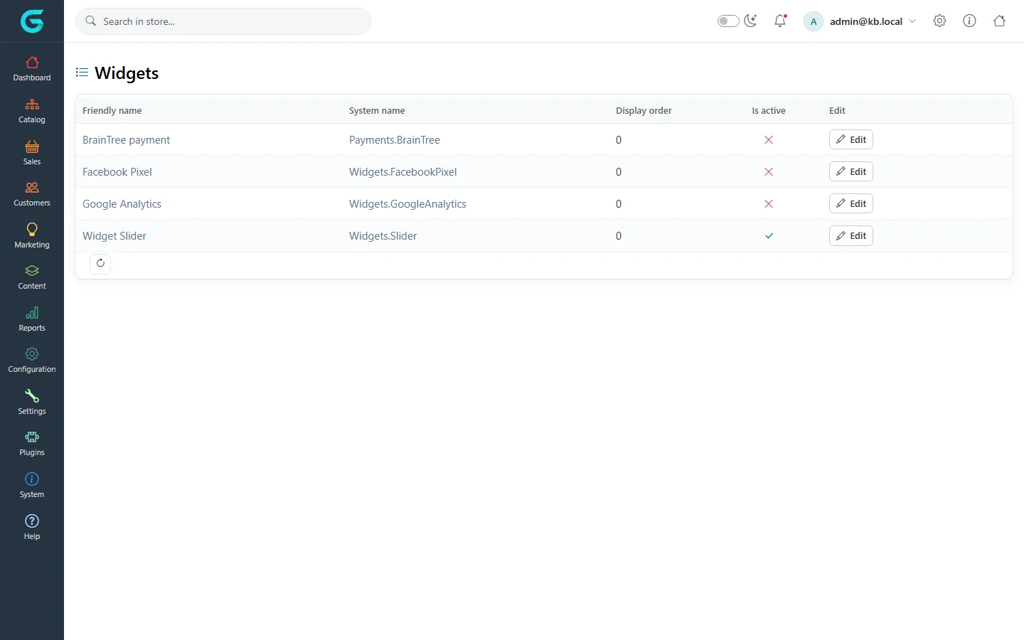 The Widgets list with Payment info, Facebook Pixel, Google Analytics and Widget Slider, their system names, display order and active flags with Edit buttons