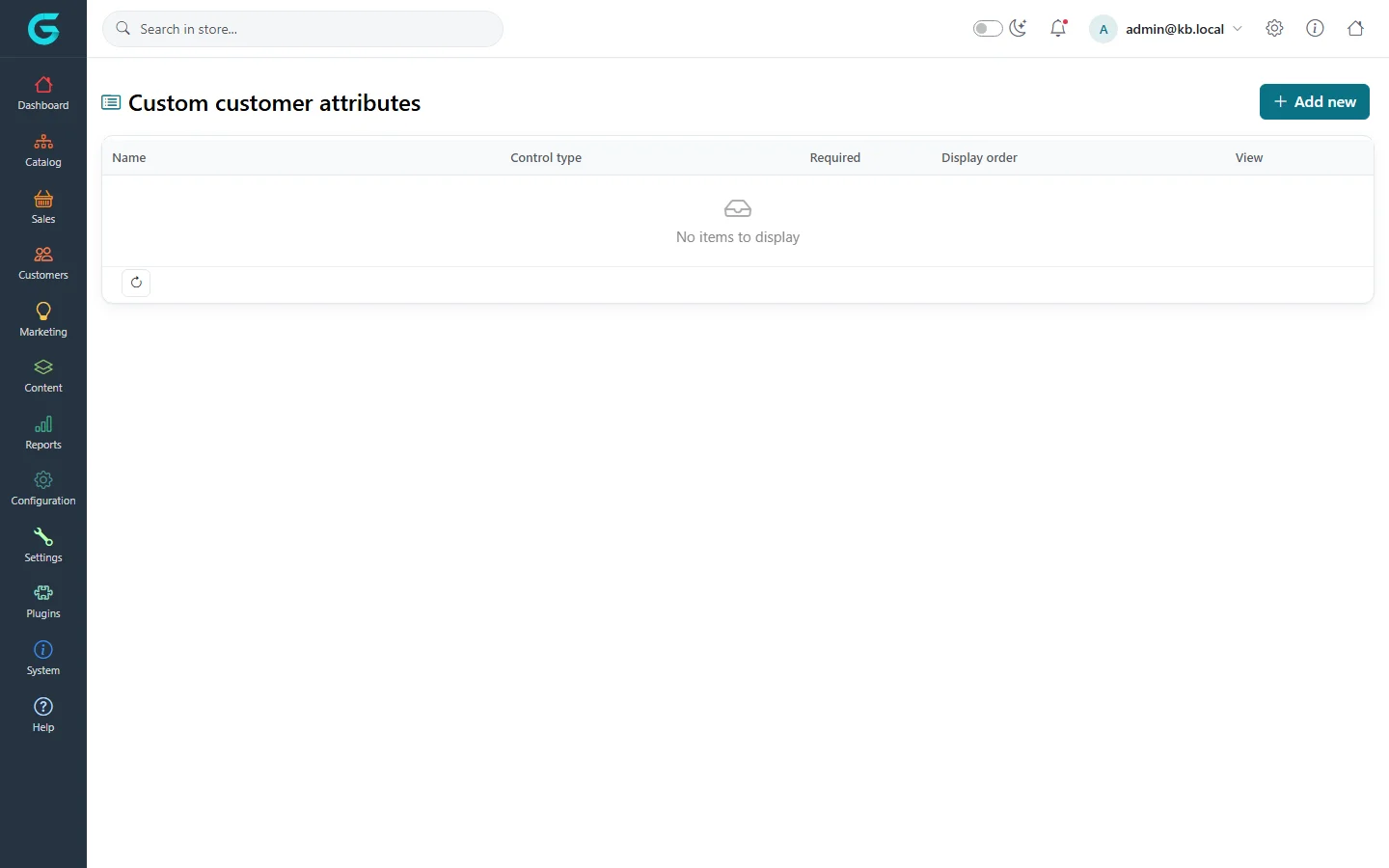 The Custom customer attributes list with name, control type, required, display order and an Add new button