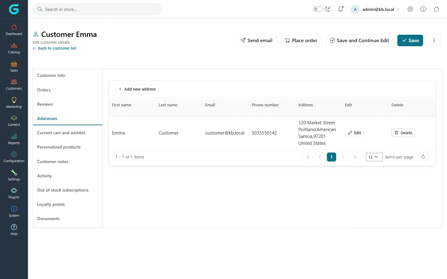 Addresses tab of a customer with one address and Add new address, Edit and Delete buttons