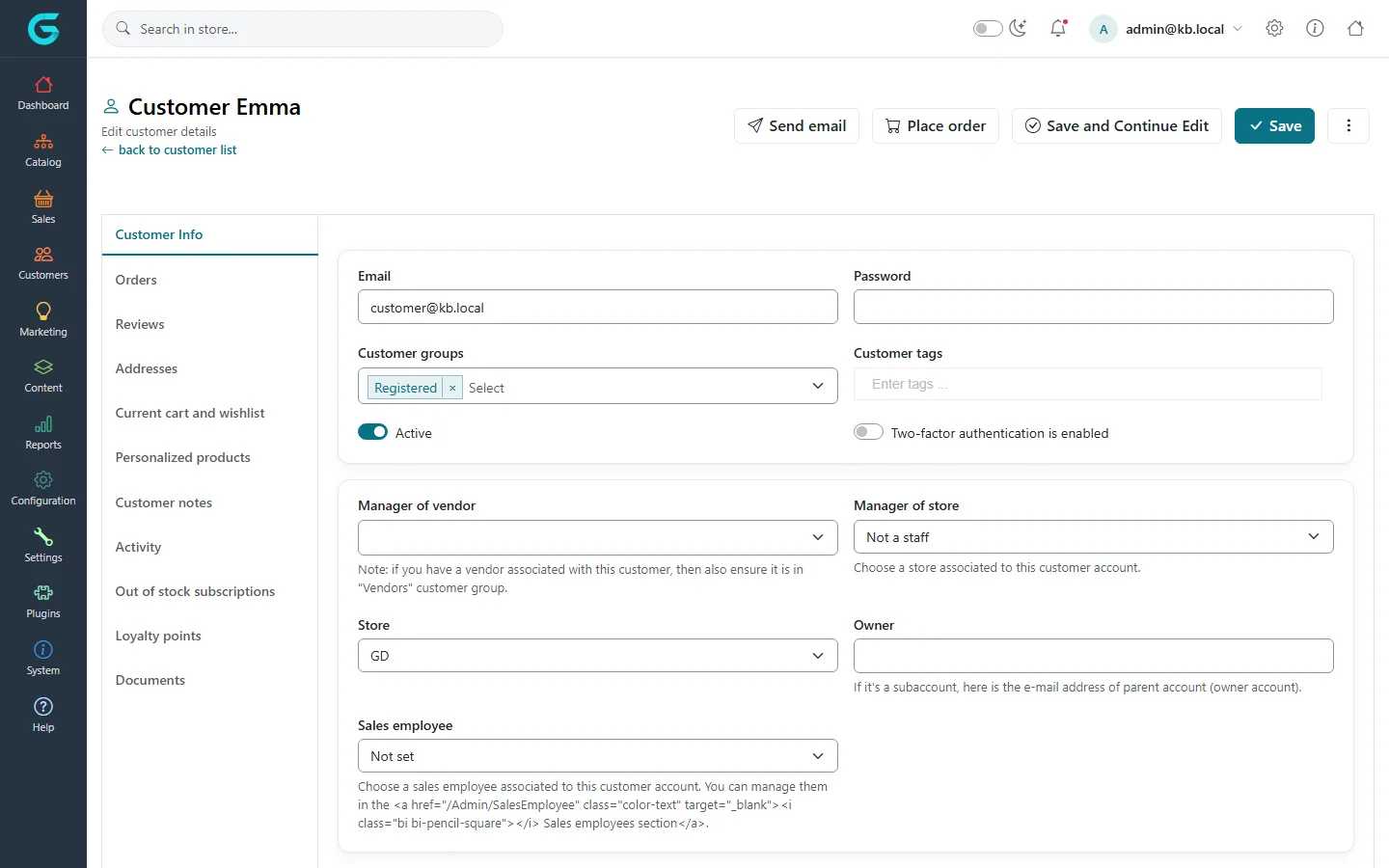 Customer edit page, Customer Info tab, with e-mail, customer groups, tags, active switch, manager of vendor, manager of store, store, owner and sales employee