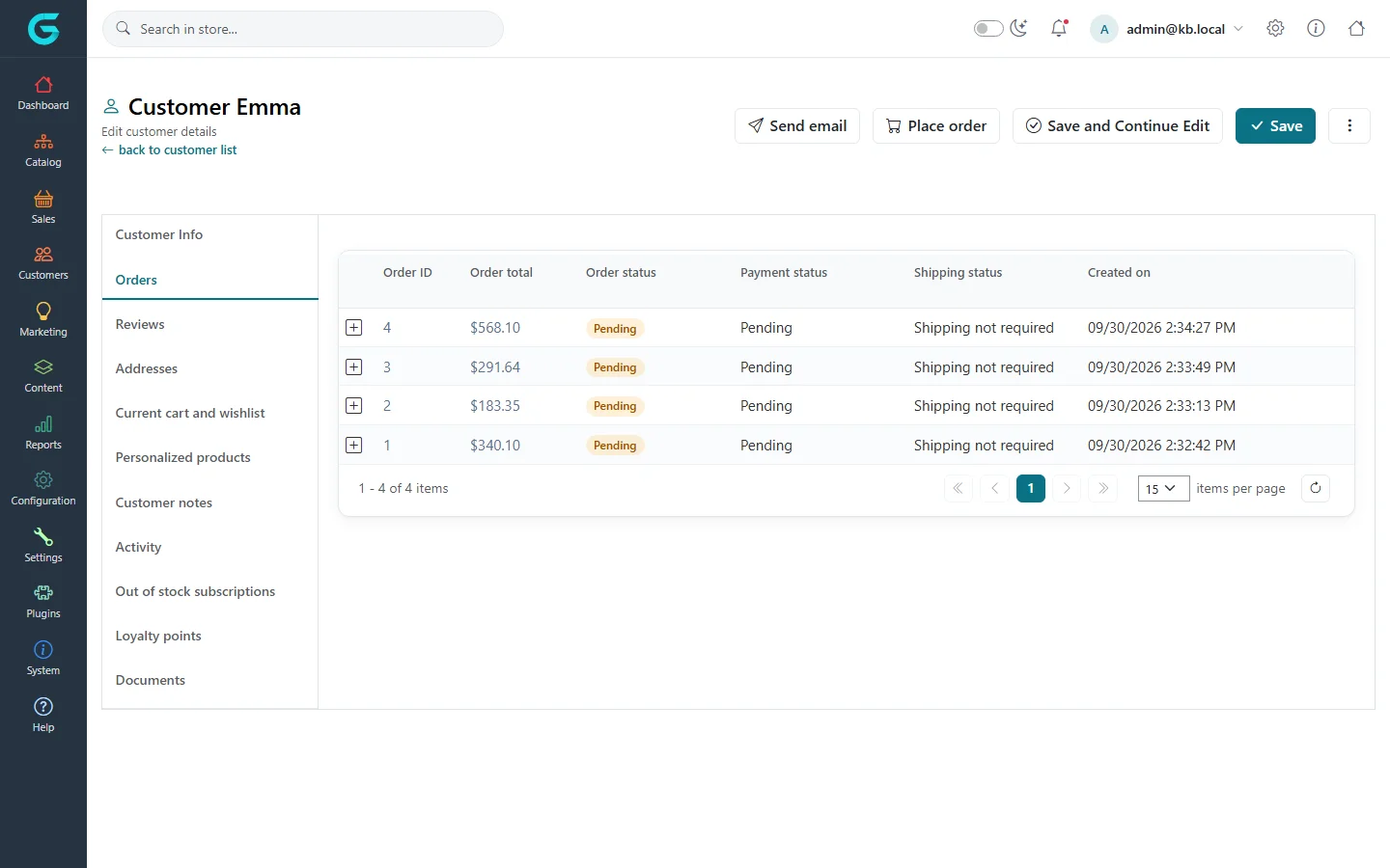 Orders tab of a customer with four pending orders