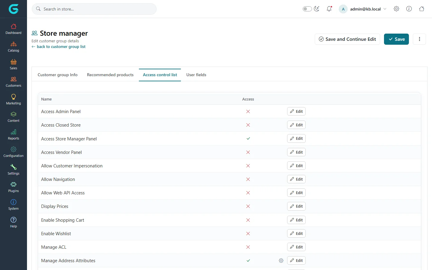 Access control list of the Store manager group, with Access Store Manager Panel allowed and Access Admin Panel denied