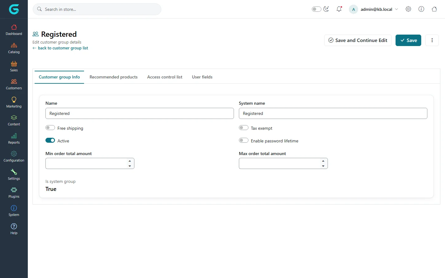 Edit page of the Registered customer group with name, system name, free shipping, tax exempt, active, password lifetime and order total limits