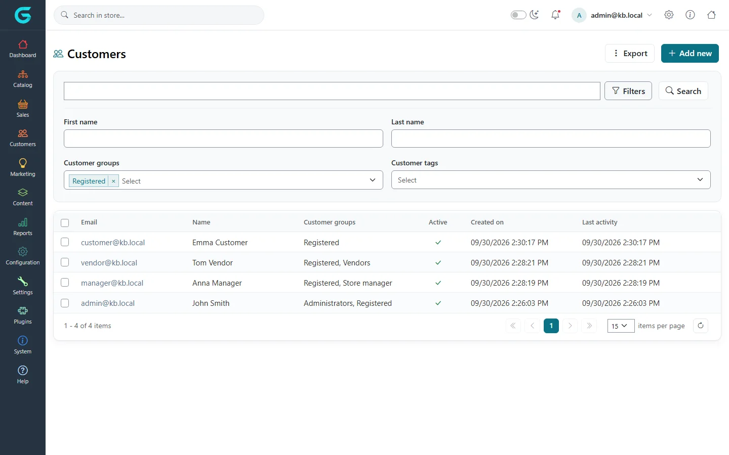 Customer list with the filter panel open: first name, last name, customer groups and customer tags