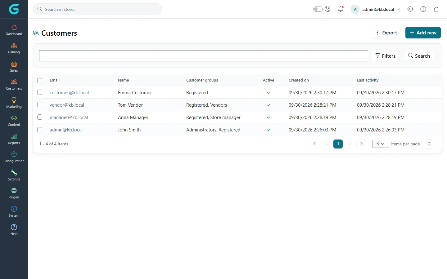 The Customers list in the GrandNode admin panel with four registered accounts