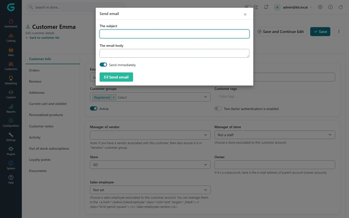 Send email dialog with subject, body and the Send immediately switch