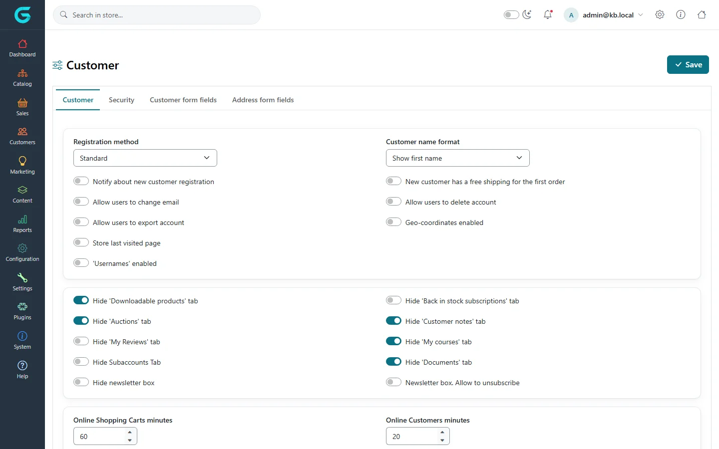 Customer settings, Customer tab: registration method Standard, customer name format, switches for notifications, e-mail changes, account export and deletion, and the tabs shown in My account