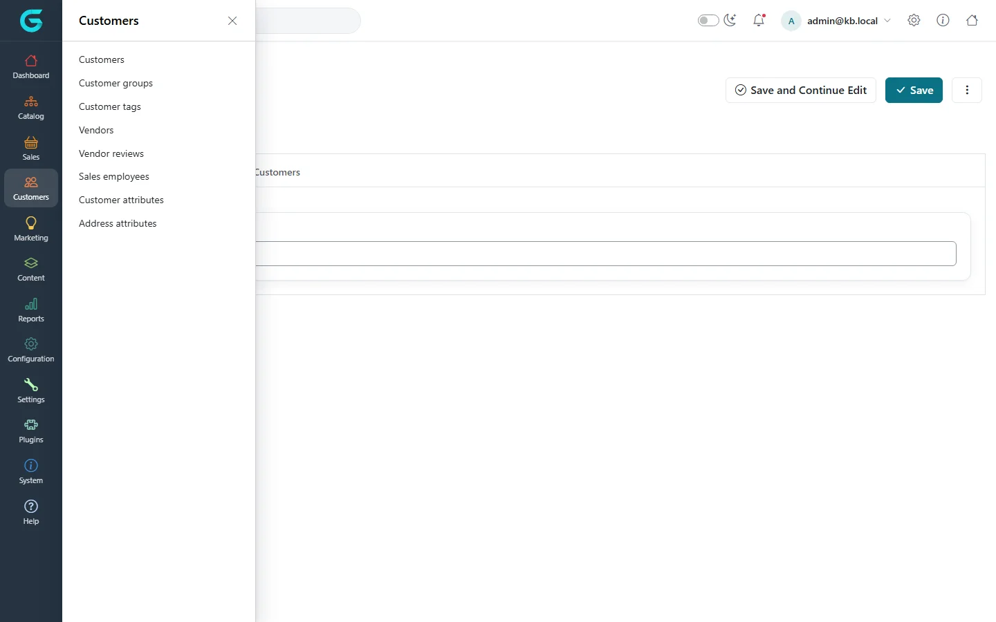 The Customers flyout in the admin sidebar: Customers, Customer groups, Customer tags, Vendors, Vendor reviews, Sales employees, Customer attributes and Address attributes