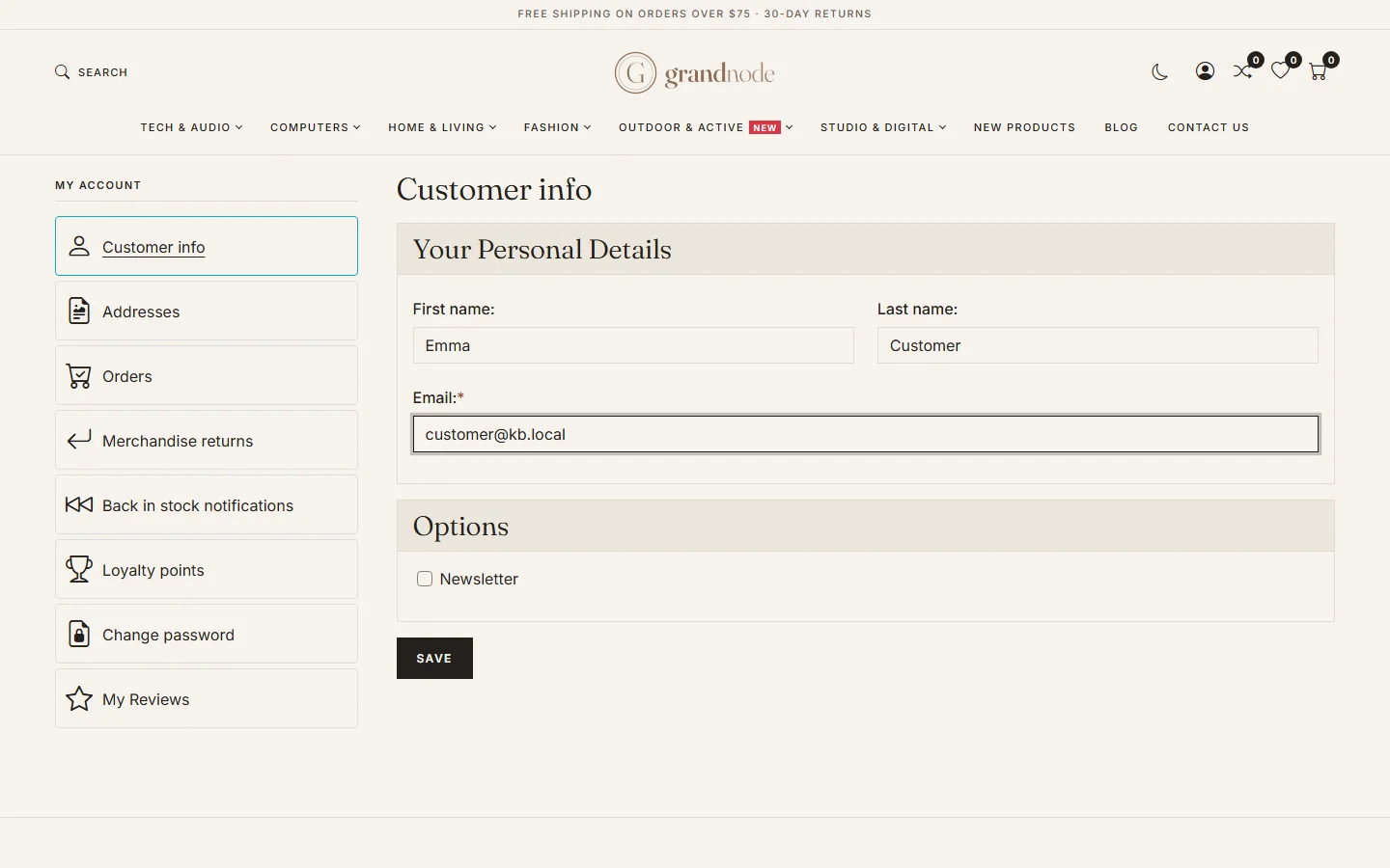 The storefront Customer info page in My account with first name, last name, e-mail and the newsletter option, and the account menu with addresses, orders, returns, loyalty points and reviews