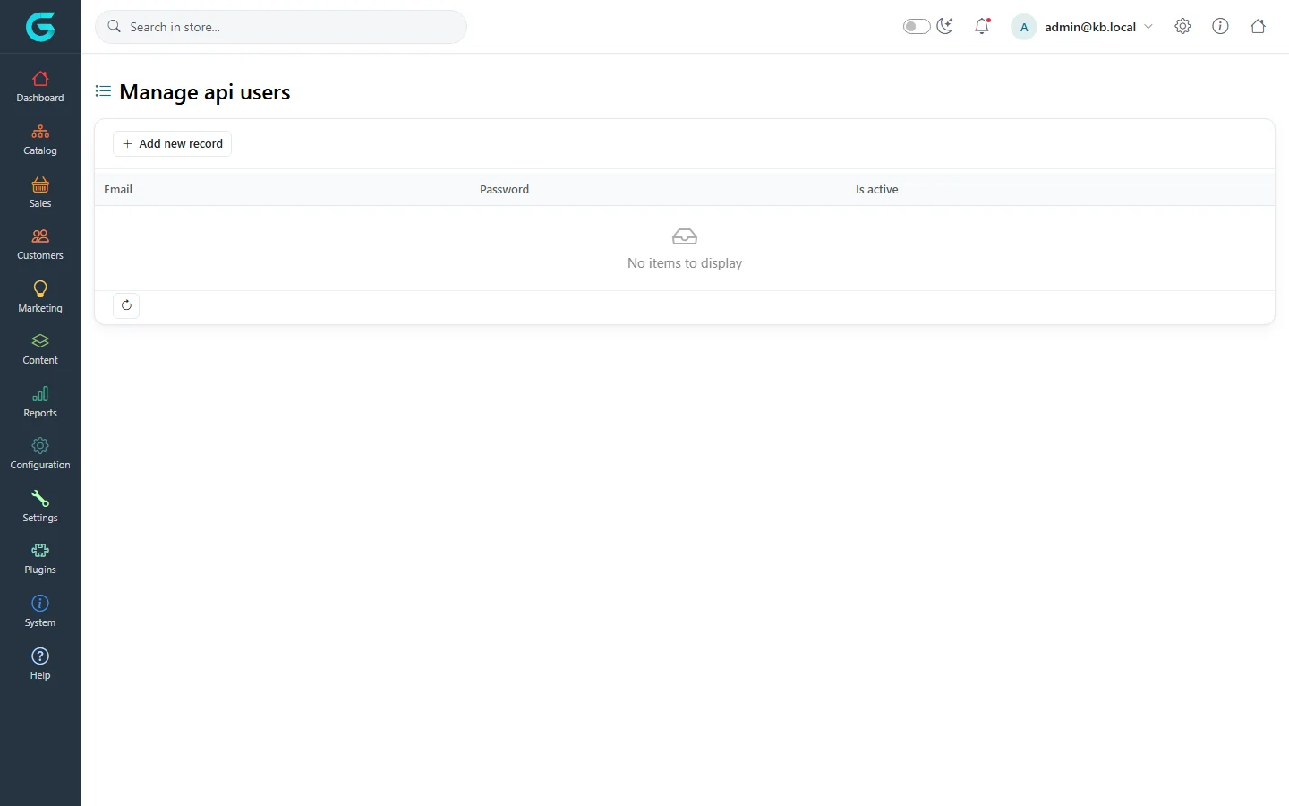 Manage api users page in the admin panel with the Add new record button and the Email, Password and Is active columns