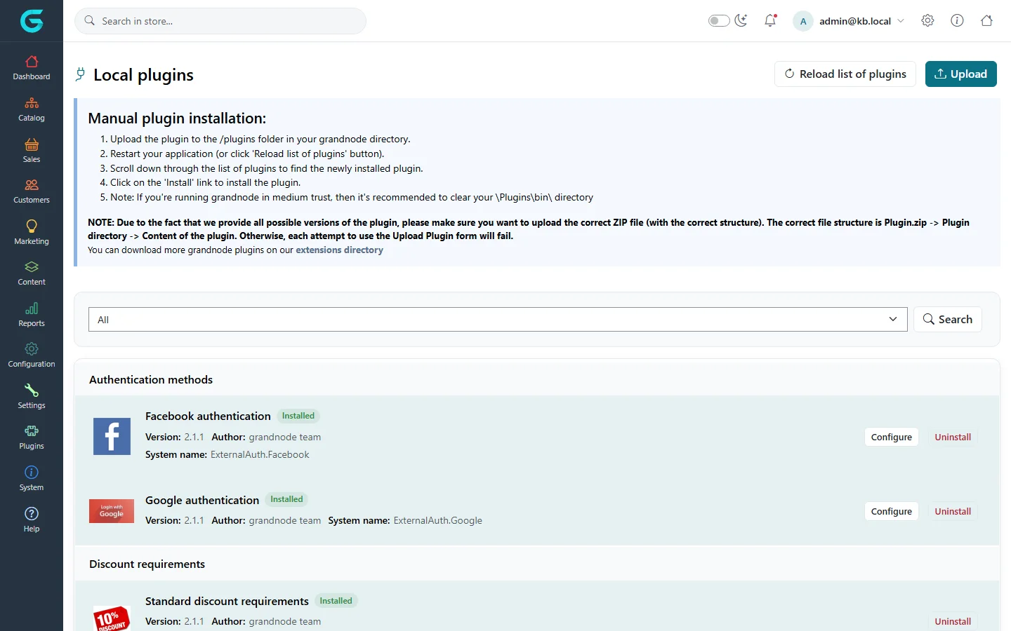 Local plugins list in the admin panel with Install, Configure and Uninstall actions