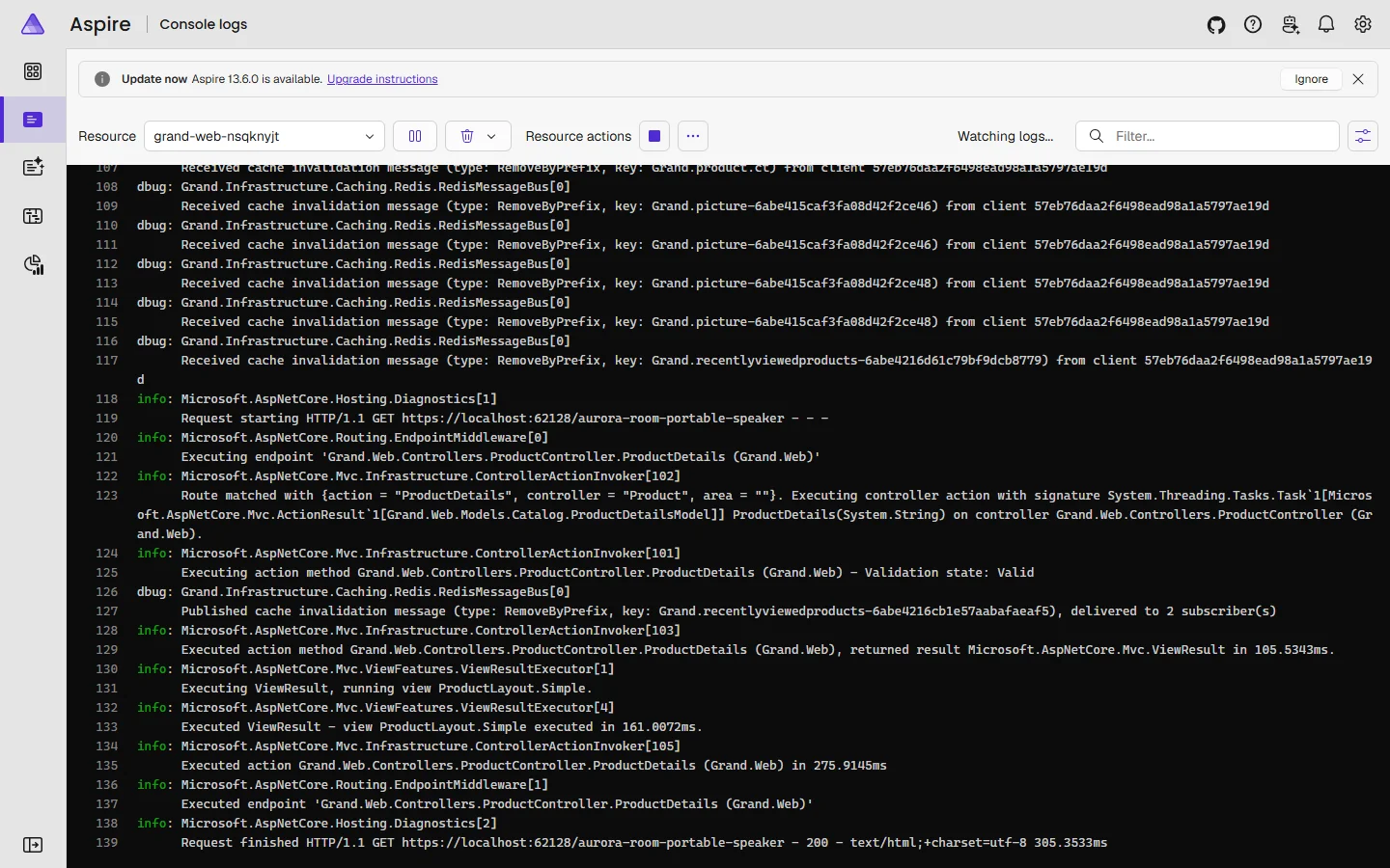 Console logs of a replica in the Aspire dashboard with Received cache invalidation message lines from the other replica and a Published message delivered to 2 subscribers