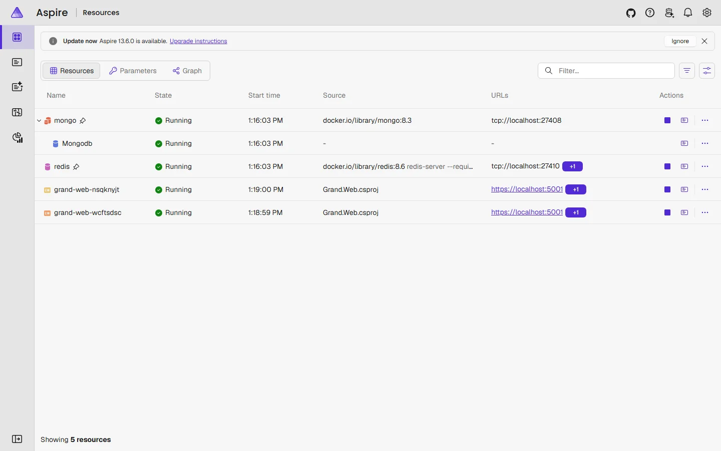 The Aspire dashboard Resources page with mongo, Mongodb, redis and two grand-web replicas running, each with its URL