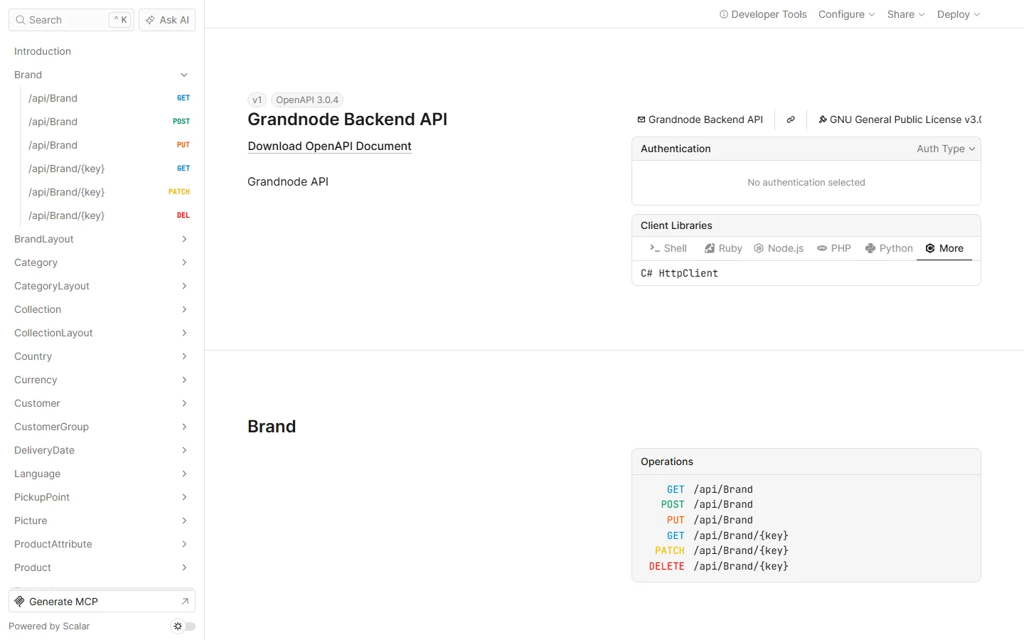 Scalar for the Grandnode Backend API v1 with the endpoint groups Brand, Category, Collection, Country, Customer and more in the sidebar, the Authentication box and client libraries