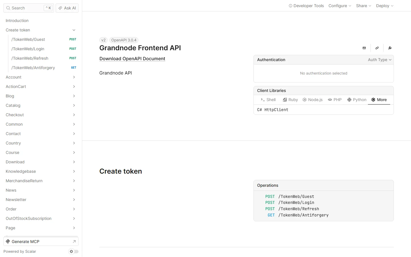 Scalar for the Grandnode Frontend API v2 with the Create token group (Guest, Login, Refresh, Antiforgery) and storefront groups such as Account, Catalog, Checkout and Order