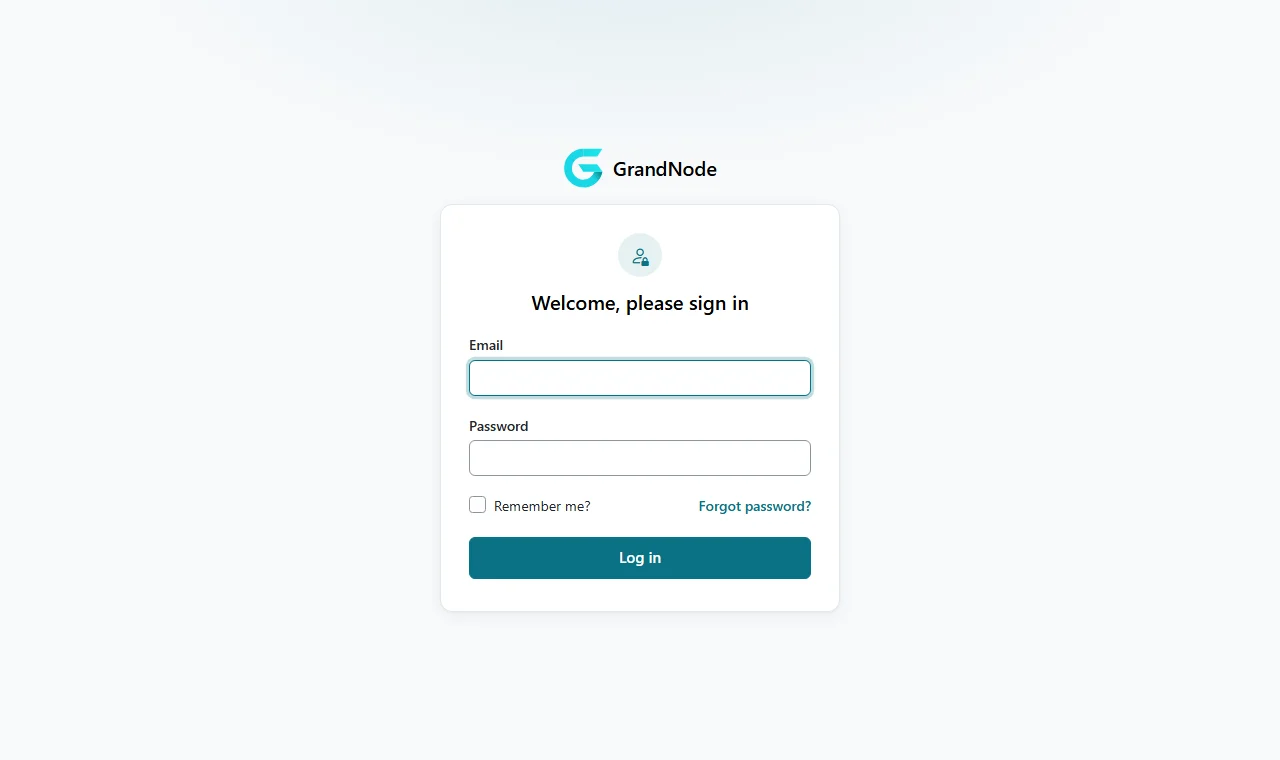 Admin panel sign-in page with Email and Password fields, Remember me and Forgot password