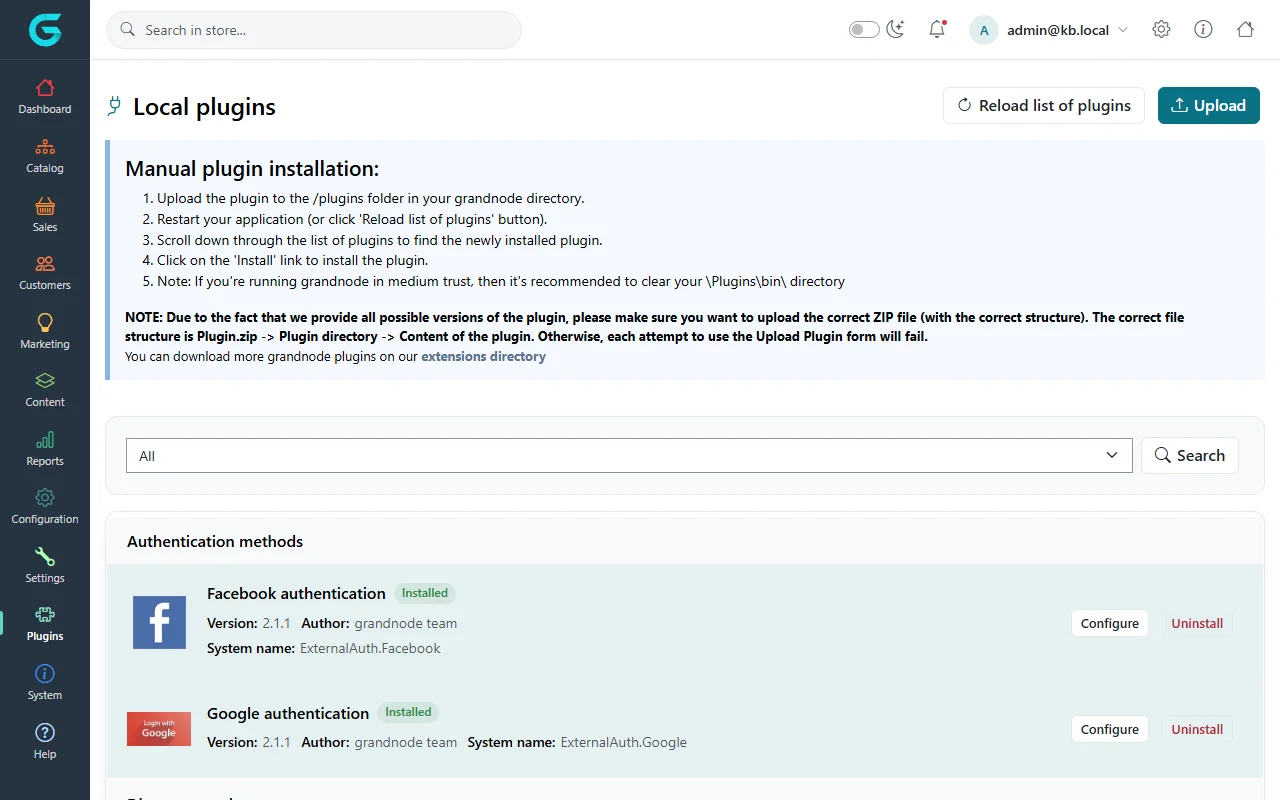 Local plugins page listing Facebook and Google authentication plugins as Installed with Configure and Uninstall buttons