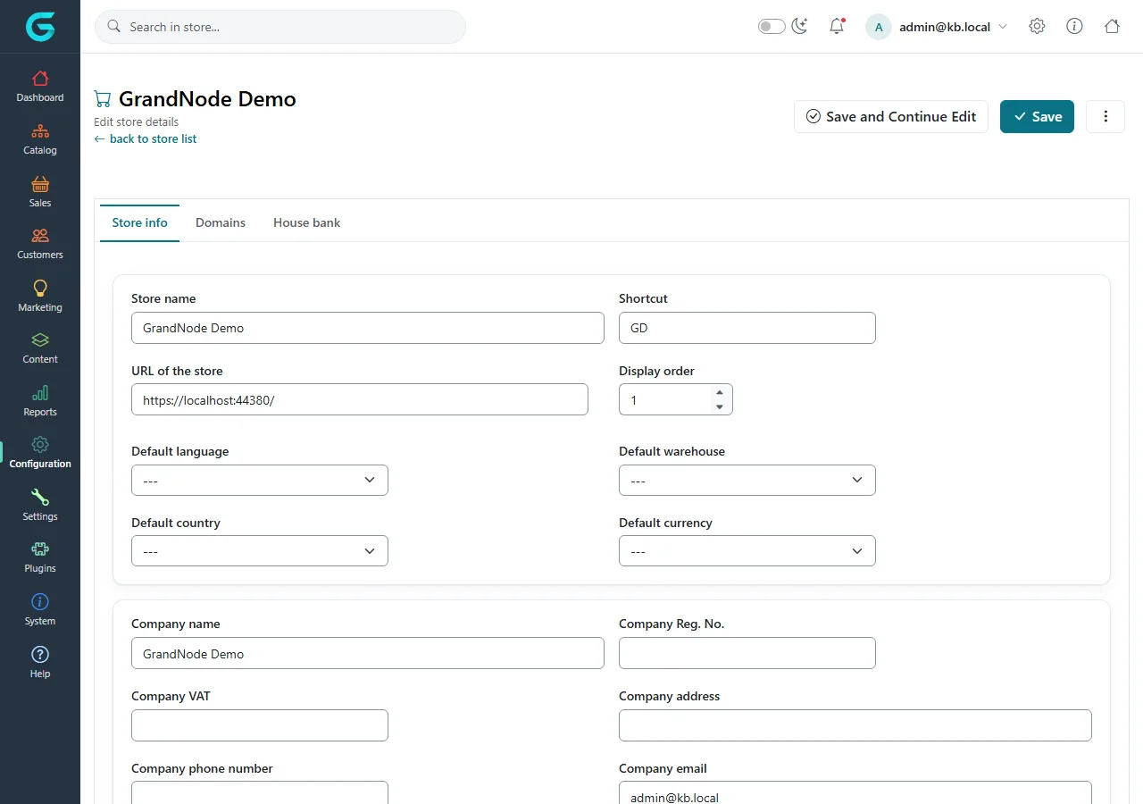 Store edit page with Store info, Domains and House bank tabs; fields Store name, Shortcut, URL of the store and defaults