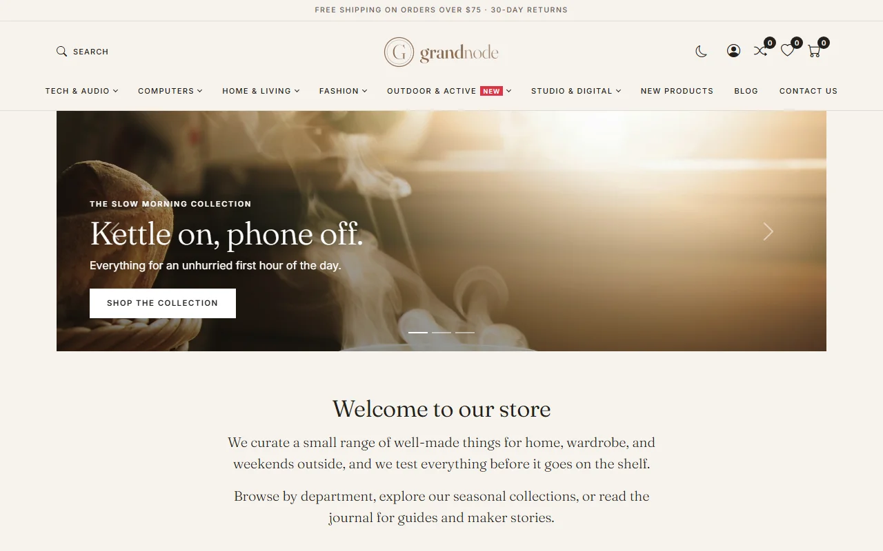 GrandNode storefront home page with the Nordic theme: top menu of categories, a hero slider and a welcome text