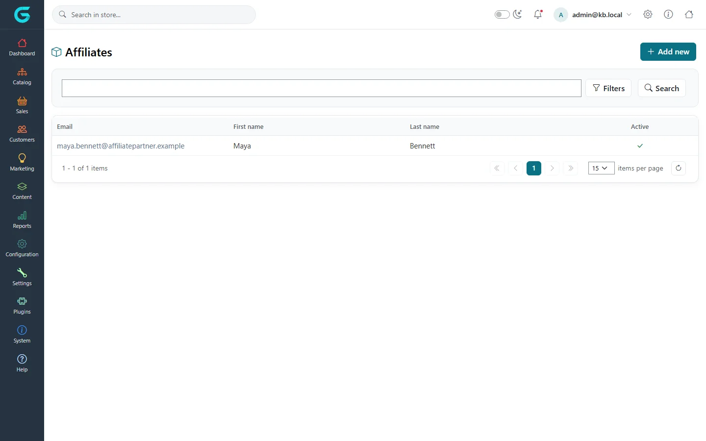 The Affiliates list with maya.bennett@affiliatepartner.example, first and last name and active flag