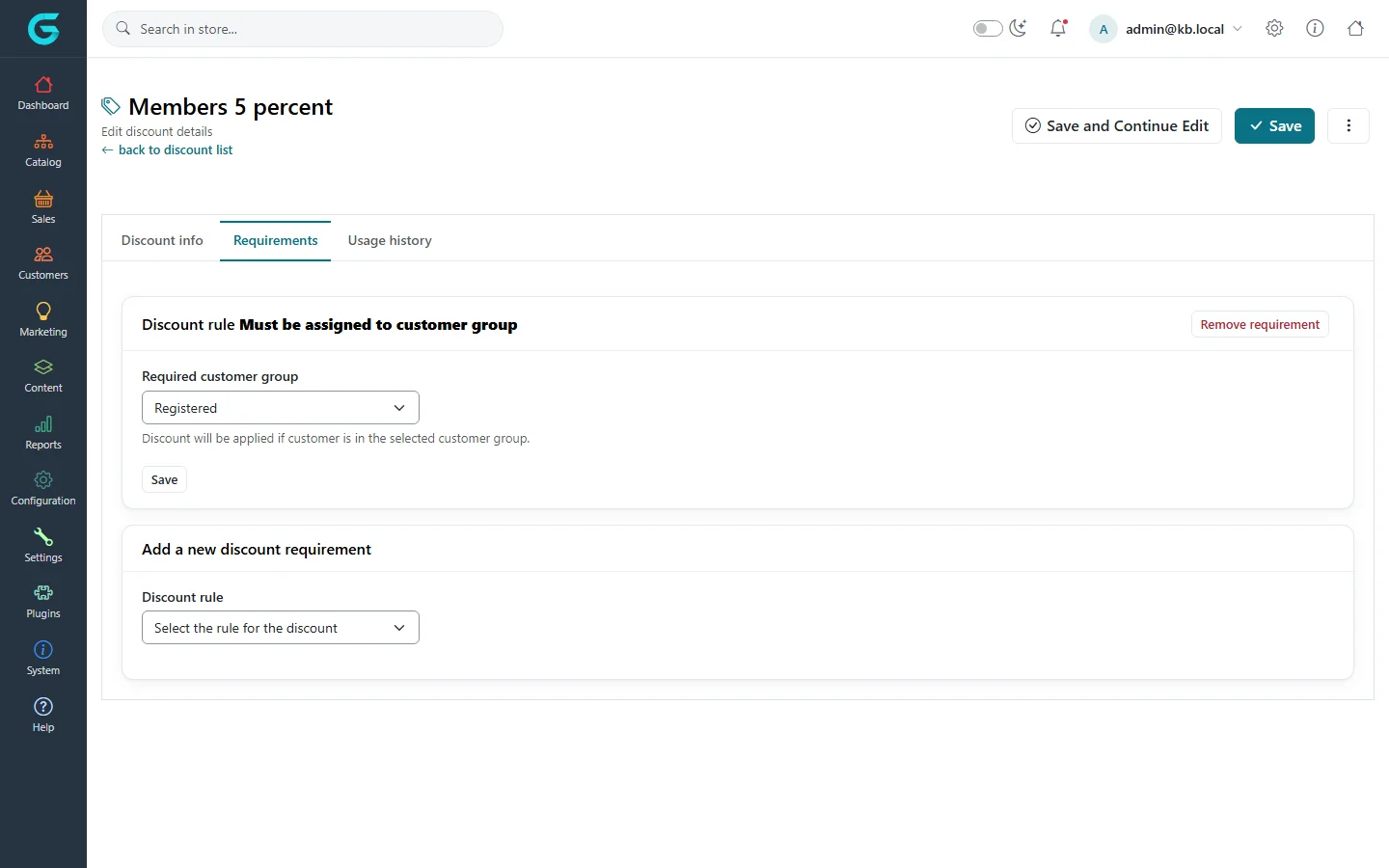 The Requirements tab of Members 5 percent with the rule Must be assigned to customer group set to Registered