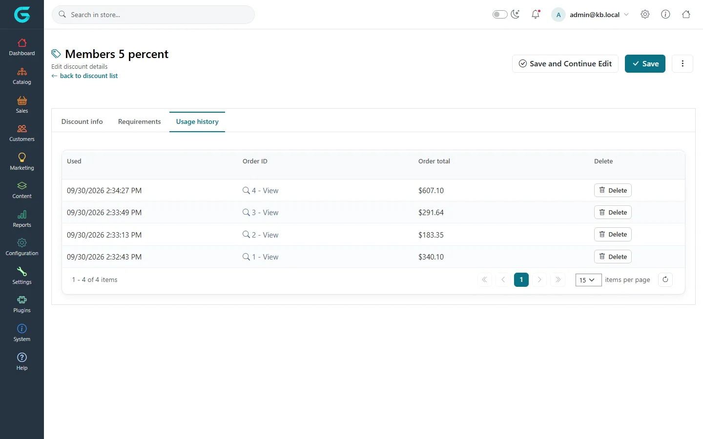 The Usage history tab of Members 5 percent with four orders, dates and totals