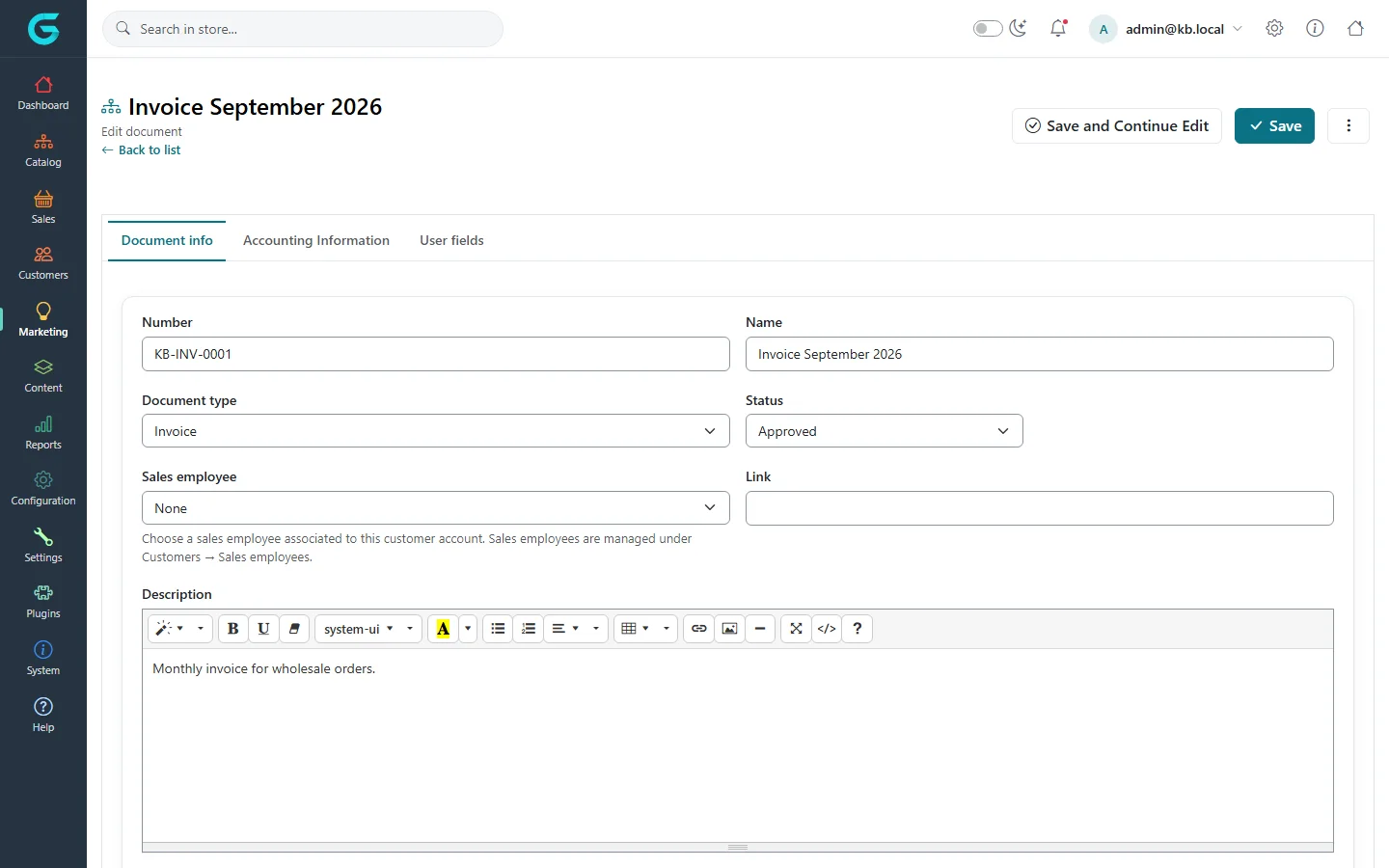 Editing the document Invoice September 2026: number KB-INV-0001, name, document type Invoice, status Approved, sales employee, link and description; tabs Accounting Information and User fields