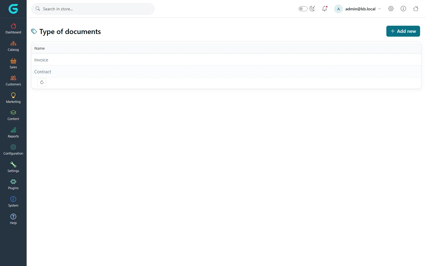 The Type of documents list with Invoice and Contract and an Add new button