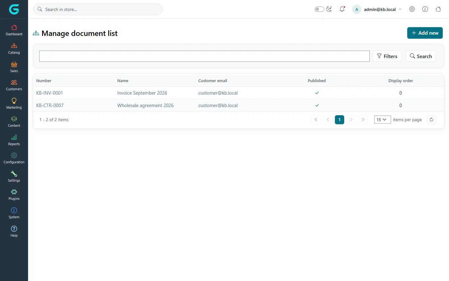 The Manage document list with KB-INV-0001 Invoice September 2026 and KB-CTR-0007 Wholesale agreement 2026 for customer@kb.local