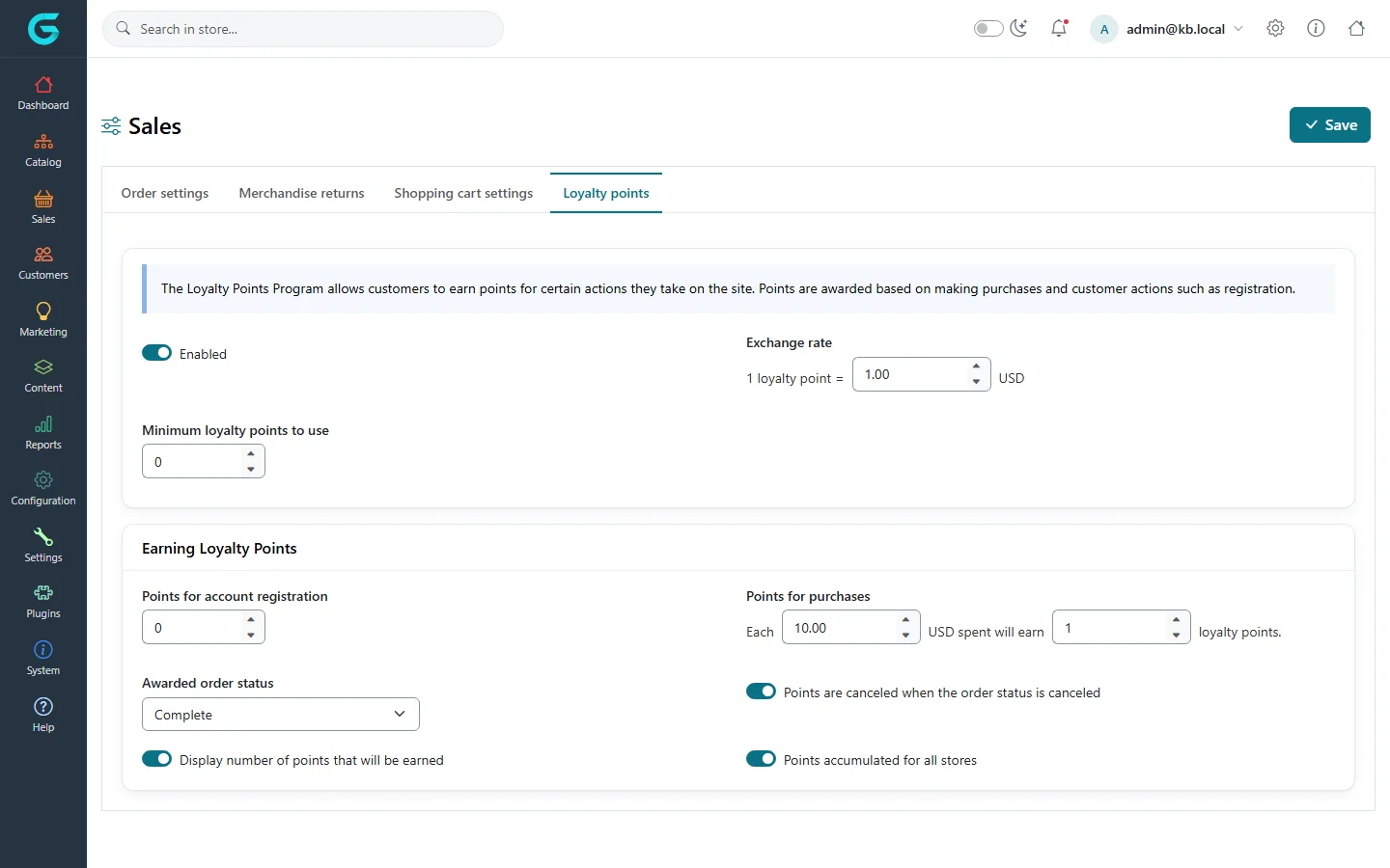 The Loyalty points tab: enabled, exchange rate 1 point = 1.00 USD, minimum points to use, points for registration, points for purchases per 10 USD spent, awarded order status Complete, cancel and all-stores switches