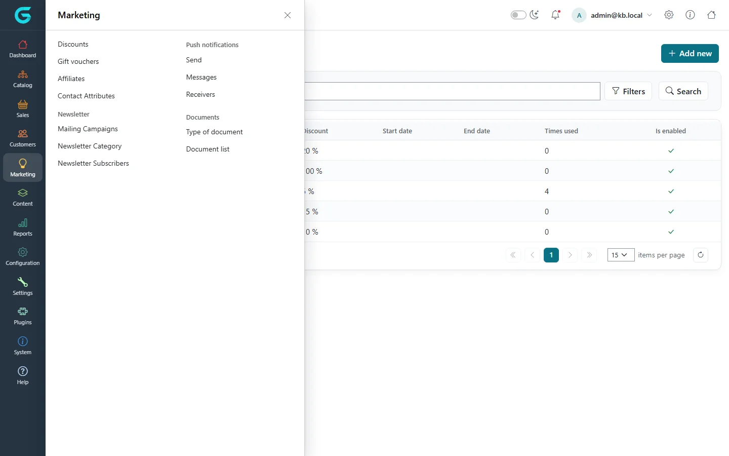 The Marketing flyout in the admin sidebar with Discounts, Gift vouchers, Affiliates, Contact Attributes, Newsletter, Push notifications and Documents groups