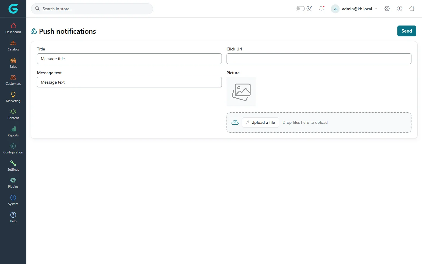 The Send push notification page with title, message text, click URL and picture upload, and a Send button