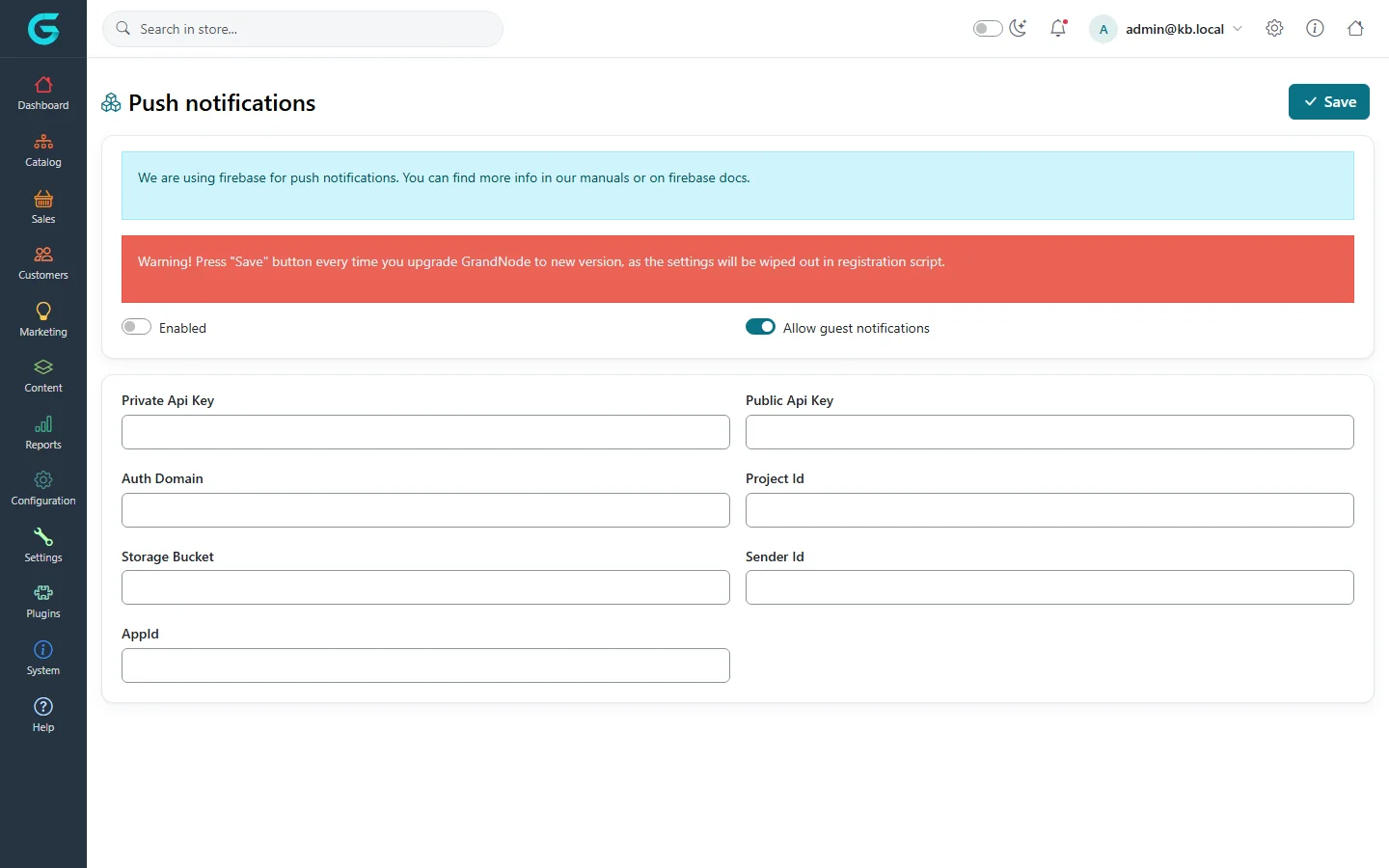 Push notifications settings with a note that Firebase is used, a warning to press Save after every upgrade, Enabled and Allow guest notifications switches and the Firebase key fields