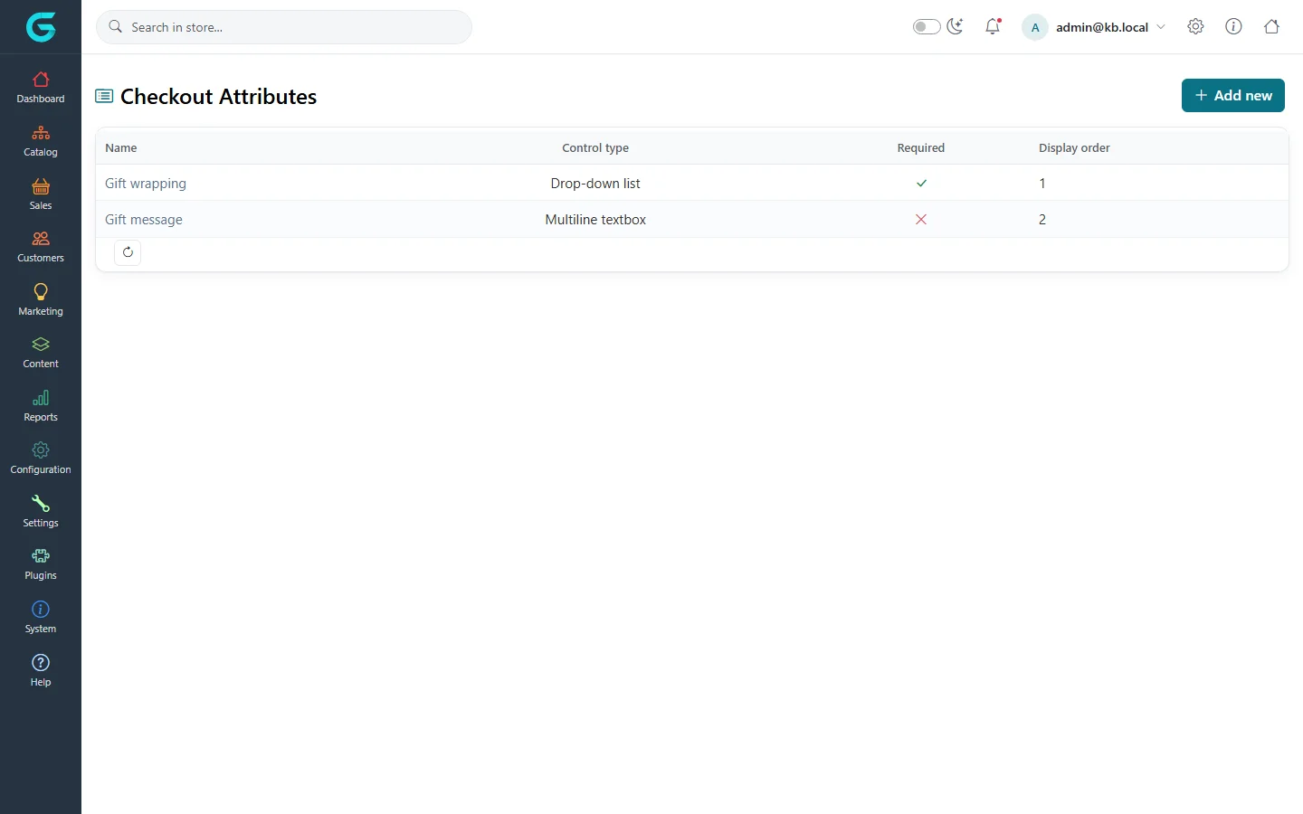 The Checkout Attributes list with Gift wrapping as a drop-down list and Gift message as a multiline textbox