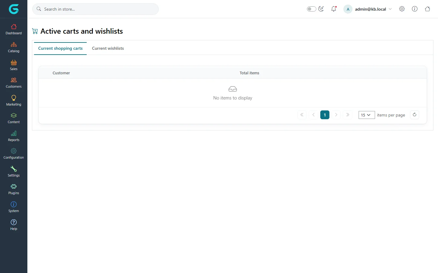 Active carts and wishlists with the tabs Current shopping carts and Current wishlists