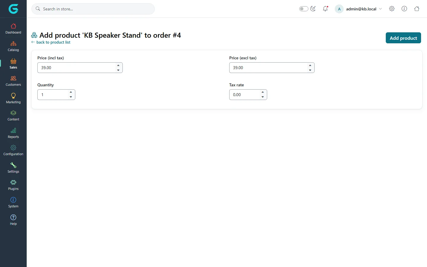 Add product KB Speaker Stand to order #4 with price incl and excl tax 39.00, quantity 1 and tax rate 0
