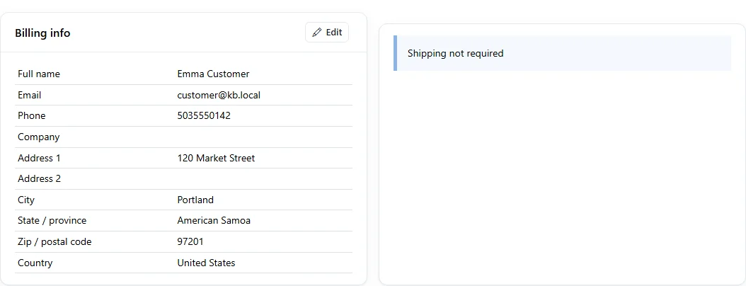 Billing info card with name, email, phone, address and country; the order needs no shipping